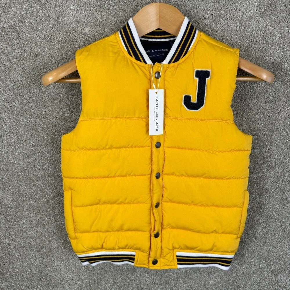 Janie and Jack Yellow Varsity Puffer Vest Boys Size 7-8 Quilted Letterman J NEW